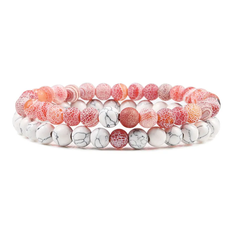 Bracelet en pierres naturelles pour couple 6mm blanc et vieilli
